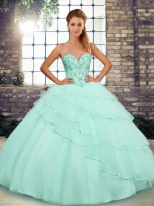 Attractive Sleeveless Brush Train Lace Up Beading and Ruffled Layers Sweet 16 Dresses