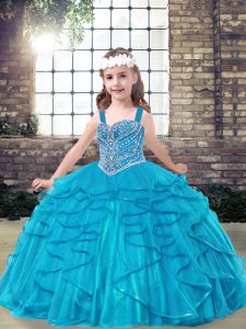 Amazing Blue Ball Gowns Beading and Ruffles Little Girl Pageant Gowns Lace Up Tulle Sleeveless Floor Length