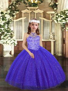 Tulle Halter Top Sleeveless Lace Up Beading Little Girl Pageant Dress in Royal Blue