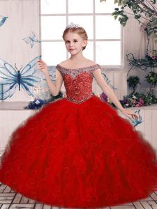 Red Ball Gowns Beading and Ruffles Kids Pageant Dress Lace Up Tulle Sleeveless Floor Length