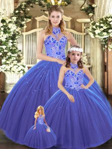 Blue Sweet 16 Quinceanera Dress Halter Top Sleeveless Lace Up