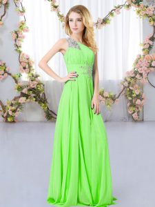 One Shoulder Sleeveless Quinceanera Court of Honor Dress Floor Length Beading Chiffon
