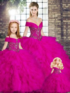 Tulle Off The Shoulder Sleeveless Lace Up Beading and Ruffles 15th Birthday Dress in Fuchsia