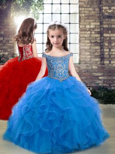 Blue Tulle Lace Up Little Girl Pageant Dress Sleeveless Floor Length Beading and Ruffles