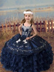 High Class Organza Straps Sleeveless Lace Up Embroidery and Ruffled Layers Little Girl Pageant Dress in Navy Blue