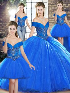 Extravagant Royal Blue Organza Lace Up Quinceanera Dresses Sleeveless Brush Train Beading