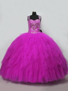 Fine Beading and Ruffles 15th Birthday Dress Fuchsia Lace Up Sleeveless Floor Length