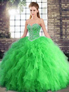 Fantastic Green Ball Gowns Tulle Sweetheart Sleeveless Beading and Ruffles Floor Length Lace Up Quinceanera Dresses