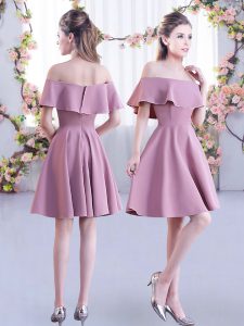 Fine Pink Chiffon Zipper Off The Shoulder Short Sleeves Mini Length Dama Dress for Quinceanera Ruching