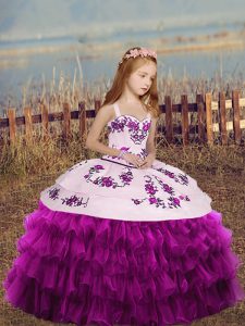 Fuchsia Lace Up Child Pageant Dress Embroidery and Ruffled Layers and Bowknot Sleeveless Floor Length