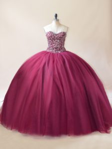 Burgundy Ball Gowns Sweetheart Sleeveless Tulle Floor Length Lace Up Beading Sweet 16 Quinceanera Dress