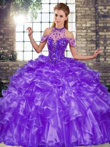 Discount Purple Quinceanera Dress Military Ball and Sweet 16 and Quinceanera with Beading and Ruffles Halter Top Sleeveless Lace Up