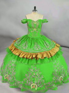 Off The Shoulder Sleeveless Quince Ball Gowns Floor Length Embroidery Green Satin