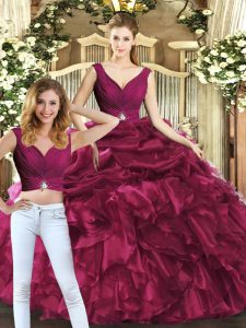 High Class Burgundy V-neck Backless Pick Ups Sweet 16 Dresses Sleeveless