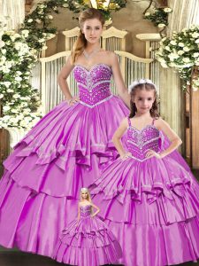 Custom Designed Lilac Ball Gowns Taffeta Sweetheart Sleeveless Beading and Ruffled Layers Floor Length Lace Up 15 Quinceanera Dress