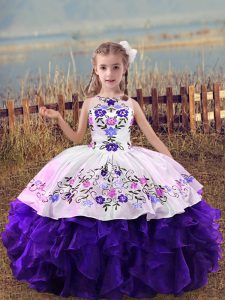 Lovely Floor Length Lace Up Girls Pageant Dresses Purple for Wedding Party with Embroidery and Ruffles