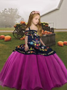 Excellent Embroidery Pageant Gowns For Girls Fuchsia Side Zipper Sleeveless Floor Length