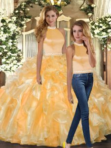 Gold Sweet 16 Dress Sweet 16 and Quinceanera with Beading and Ruffles Halter Top Sleeveless Backless