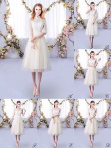 Customized Tulle Half Sleeves Tea Length Court Dresses for Sweet 16 and Lace