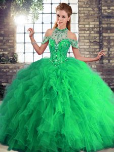 Green Ball Gowns Beading and Ruffles Sweet 16 Quinceanera Dress Lace Up Tulle Sleeveless Floor Length