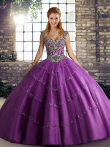 Fashion Purple Tulle Lace Up Vestidos de Quinceanera Sleeveless Floor Length Beading and Appliques