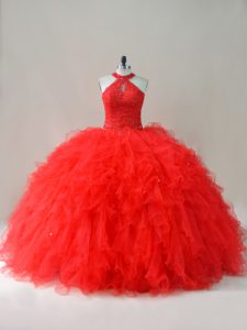 Red Lace Up Halter Top Beading and Ruffles Quince Ball Gowns Tulle Sleeveless