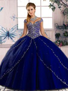 Amazing Royal Blue Lace Up Sweetheart Beading Sweet 16 Dresses Tulle Cap Sleeves Brush Train