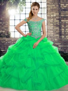 Luxurious Green Lace Up Off The Shoulder Beading and Pick Ups Quinceanera Dresses Tulle Sleeveless Brush Train