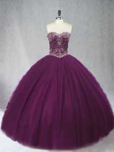 Floor Length Lace Up Quince Ball Gowns Dark Purple for Sweet 16 and Quinceanera with Beading