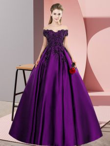 Eggplant Purple Satin Zipper Quinceanera Gowns Sleeveless Floor Length Lace and Appliques