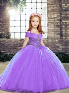 Nice Lavender Straps Neckline Beading Kids Formal Wear Sleeveless Lace Up