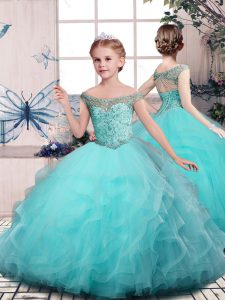 Adorable Floor Length Lace Up Little Girls Pageant Gowns Aqua Blue for Party and Sweet 16 and Wedding Party with Beading and Ruffles