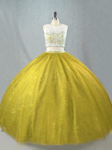 Scoop Sleeveless Zipper Quinceanera Dress Olive Green Tulle