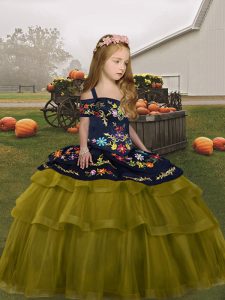 Sleeveless Tulle Floor Length Lace Up Little Girls Pageant Gowns in Olive Green with Embroidery and Ruffled Layers