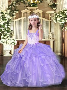 Adorable Floor Length Lavender Little Girls Pageant Dress Organza Sleeveless Beading and Ruffles