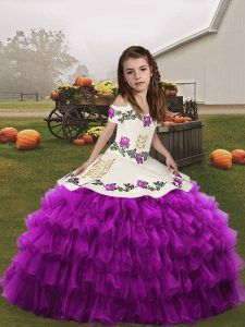 Straps Sleeveless Lace Up Child Pageant Dress Purple Organza