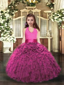 Floor Length Hot Pink Little Girls Pageant Dress Organza Sleeveless Ruffles