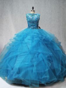 Sleeveless Beading and Ruffles Lace Up Sweet 16 Quinceanera Dress with Aqua Blue Brush Train