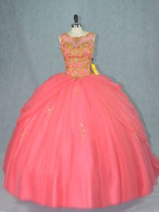 Captivating Scoop Sleeveless Brush Train Lace Up Sweet 16 Dress Watermelon Red Tulle