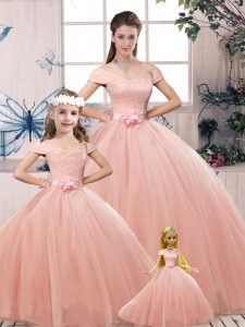 Fashionable Floor Length Ball Gowns Short Sleeves Pink Quinceanera Gown Lace Up