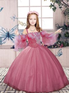 Pink Ball Gowns Straps Sleeveless Tulle Floor Length Lace Up Beading Pageant Gowns For Girls