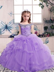 Fashionable Lavender Off The Shoulder Neckline Beading and Ruffles Girls Pageant Dresses Sleeveless Lace Up