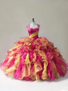 Pretty Sleeveless Organza Floor Length Zipper Quince Ball Gowns in Multi-color with Beading and Ruffles