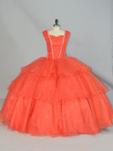 Admirable Orange Red Straps Lace Up Beading and Ruffled Layers Sweet 16 Dress Sleeveless