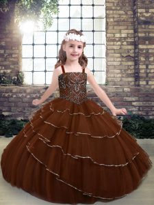 Fancy Beading and Ruffled Layers Girls Pageant Dresses Brown Lace Up Sleeveless Floor Length