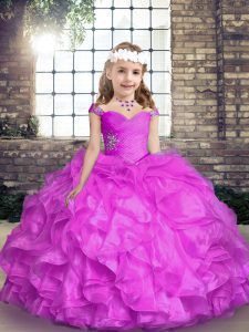 Floor Length Lilac Girls Pageant Dresses Organza Sleeveless Beading and Ruffles