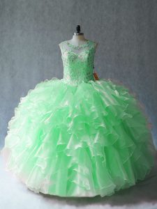 Sleeveless Floor Length Beading and Ruffles Lace Up Quince Ball Gowns with