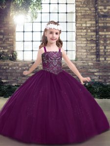 Eye-catching Eggplant Purple Child Pageant Dress Party and Military Ball and Wedding Party with Beading Straps Sleeveless Lace Up