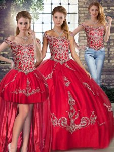 Stylish Red Three Pieces Off The Shoulder Sleeveless Tulle Floor Length Lace Up Beading and Embroidery Quinceanera Gowns