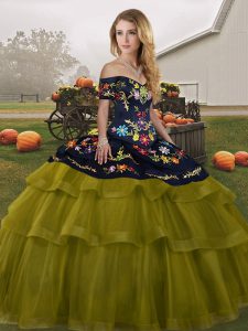 Custom Made Lace Up Quince Ball Gowns Olive Green for Military Ball and Sweet 16 and Quinceanera with Embroidery and Ruffled Layers Brush Train